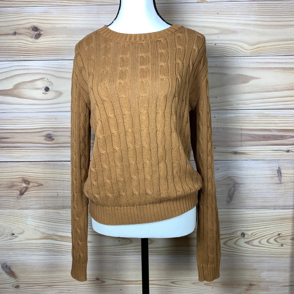 American Apparel Sweater Womens M Brown Cable Knit Cotton Crewneck Made in USA